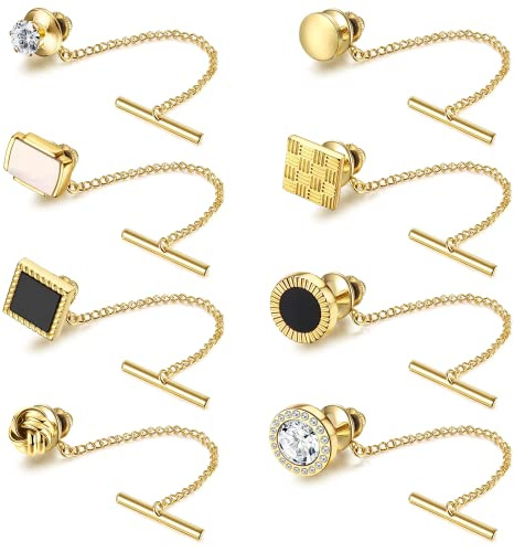 Diamday 8 Pcs Tie Tacks for Men 14K Gold Plated Tie Tacks with Chain Mens Tie Pins for Regular Ties Necktie for Wedding Business Anniversary Gold (DU-FMT-T0001-G)