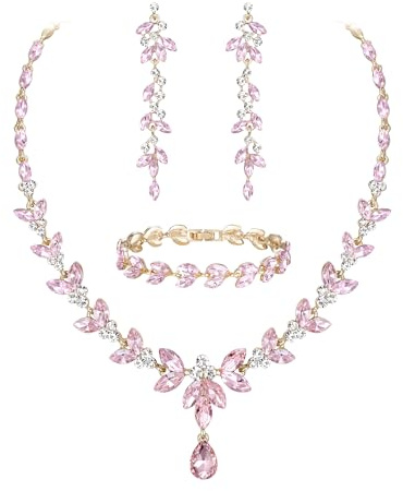 EVER FAITH - Conjunto de joyas para mujer, boda, novia, cristal austriaco, elegante, collar, pendientes colgantes y pulseras, 3 piezas, conjunto marquesa con hojas de diamantes de imitación