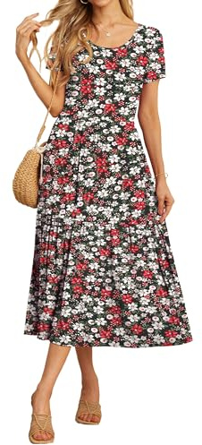 GRECERELLE Womens Summer Maxi Dress Casual Short Sleeve Crew Neck Swing Flowy Tiered Party Dresses with Pockets for Weddings, Holidays (Black Daffodil, S)