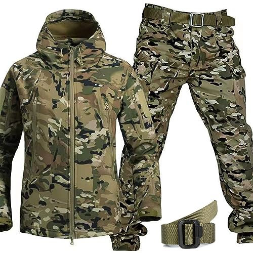 Set de ropa de caza con camuflaje militar con cinturón, chaqueta de hombre de Soft-Shell, pantalones, chaqueta táctica y pantalones de combate, conjunto de traje de combate impermeable del ejército.