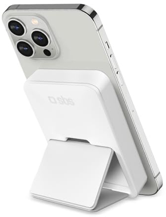 SBS Powerbank Akku-Pack 5000 mAh mit Ständer, kompatibel mit MagSafe, kabelloses Laden, USB-C- und USB-A-Anschluss, 10W, Status-LED, universell für iPhone, Samsung, Xiaomi, Oppo, weiß
