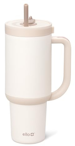 Ello Oasis 30 oz Tumbler with Handle & Retracting Straw | Reusable Insulated Stainless Steel Cup 100% Leakproof, Gifts for Teens Women Men | Keeps cold for 24 Hours, Cup Holder Friendly, Cream Tonal