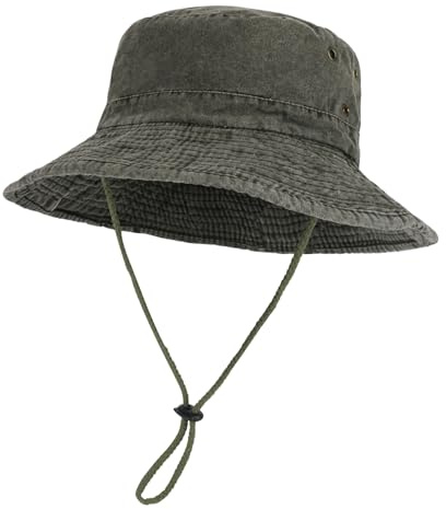 TAGVO Breda kanter solhatt för män och kvinnor, vintage fiskhatt i tvättad bomull, ventilerande hinkhattar med justerbar dragsko, lätt och vikbar vandringshatt, Färg: grön, One size