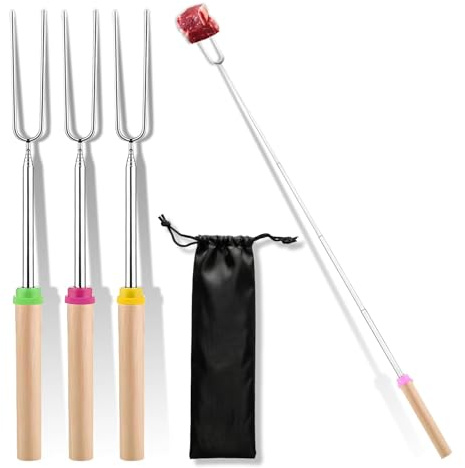 4 Pack Marshmallow Toasting Forks – Extendable Stainless Steel Roasting Sticks for Fire Pit, BBQ & Campfire – Retractable S’Mores Kit Accessories for Marshmallows & Hot Dogs