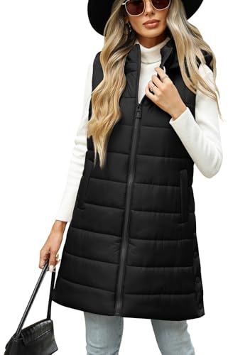 CMTOP Lange Steppweste Damen Leichte Weste mit Kapuze Warme Lässiges Übergangsweste Ärmellos Winterjacke mit Reissverschluss Taschen Lose Outdoorjacke für Wandern Camping(Schwarz, M)