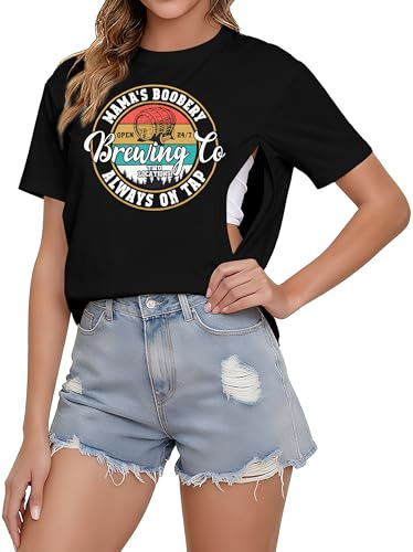 Women's Nursing Shirts for Breastfeeding Zipper Short Sleeves Mama Shirt Causal Maternity Nursing Graphic Tees Tops, Black, L