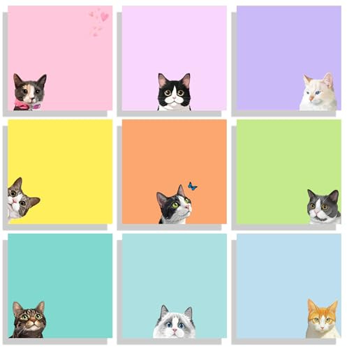 Lot de 9 blocs de notes autocollantes, 7,6 x 7,6 cm, motif chat noir, amusants, papeterie, bloc-notes adhésifs kawaii, cadeaux pour les amoureux des chats, décoration de bureau, fournitures scolaires