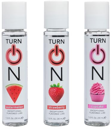 Turn On 3-Pack Flavors Sampler Collection - Strawberry, Watermelon, and Cupcake Lubes for Men, Women, and Couples | Paraben-Free, Gluten-Free, Stain-Free, Travel-Friendly, 1 fl oz Each