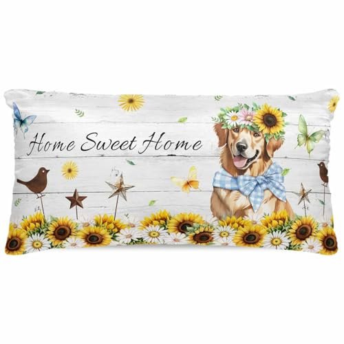 Gusidachig Sunflowers Dog Satin Pillowcase for Hair and Skin with Zipper, Soft Breathable Cooling Silk Pillow Cases, Spring Watercolor Floral Stars Wood Grain Throw Pillow Covers King Size 20x40