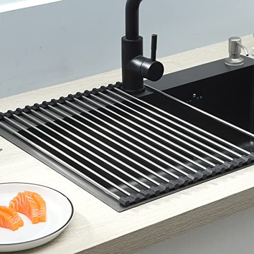 Amtang Stainless Steel Rolling Rack for Sink Extra Large Roll Up Dish Drying Shelf Foldable Portable Multipurpose Dish Drainer Sink Mat (20 tube 40 * 47cm)