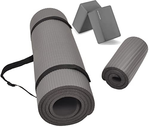 Fitvids All Purpose 1/2-Inch Extra Thick High Density Anti-Tear Exercise Yoga Mat and Knee Pad with Carrying Strap and Yoga Blocks, Gray