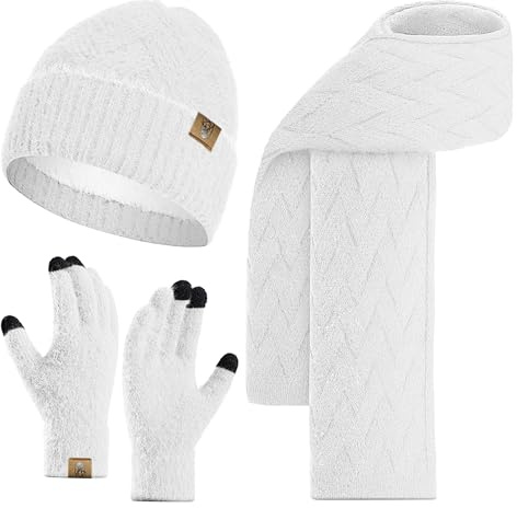 INSISMY Packs Bonnet Écharpe et Gants pour Femme Gants à Écran Tactile Thermique Tricoté Echarpe Chaude et Bonnet Polaire pour Femme
