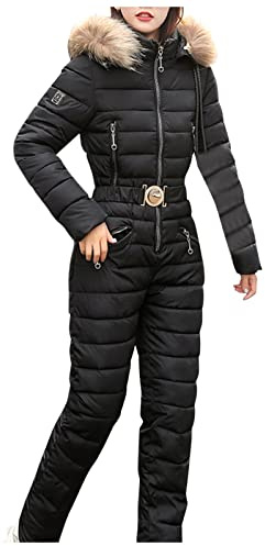 Combinaison de ski pour femme - Combinaison de ski 1 pièce - Veste de snowboard d'hiver avec capuche en fourrure - Combinaison de ski une pièce - Sweat à capuche - Combinaison de ski avec ceinture -