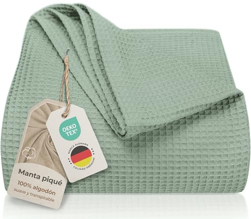 LAYNENBURG Copriletto 240 x 260 cm XXL - Waffle Pique 100% Cotone - Coperta Estiva Leggera - Coperta di Cotone Come Coperta da Letto, Coperta da Divano, Coperta ariosa da Divano (Verde menta)