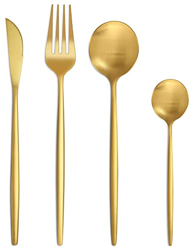 Matte Gold Cutlery Sets 32 Pieces, Bestdin Elegant Stainless Steel Cutlery Set, Kitchen Cutlery Set for 8 People, Suitable for Home/Party/Restaurant, Gold Titanium Coating and Dishwasher Safe
