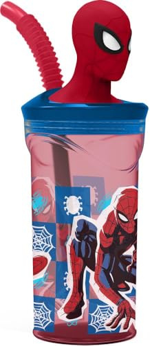 Tataway Gobelet pour enfant Marvel Spiderman Spider-Man 360 ml en plastique bleu et rouge avec paille et figurine 3D du personnage