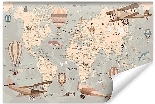 Muralo - Carta da parati 3D per cameretta dei bambini, in tessuto non tessuto, per ragazze e ragazzi, effetto 3D, decorazione da parete per cameretta dei bambini, motivo mappa del mondo, 90 cm x
