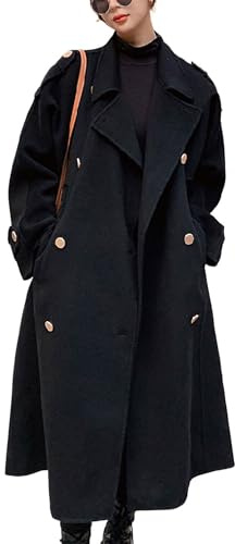 chouyatou Women's Winter Double Breasted Midi Long Wool Pea Coat Notch Lapel Winter Trench Coat (X-Large, Black)