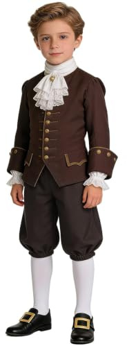 BPURB barn kolonial kostym pojkar medeltida pirater cosplay kostym renässans kostym ridbyxor (byxor med knähöga vita strumpor och gyllene skospänne), BRUN, 14 År
