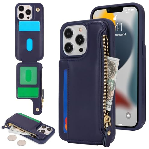 SailorTech för iPhone 13 Pro telefonfodral med kreditkortshållare för män, iPhone 13 Pro-fodral med kreditkortsfack, plånbok, blixtlåsfodral för kvinnor – blå