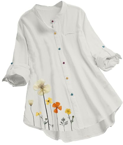Camisa de Manga Larga Mujer Lino Moda Estampado de Flores Camiseta Blusa Elegante Verano Suelto Casual Cuello en V Tops Fiesta T-Shirt Original Basic tee Talla Grande Transpirable Ligero 2024