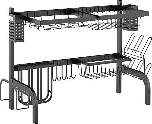 HOMCOM 65cm Black 2 Tier Dish Rack, Space Saving Dish Drying Rack, Over The Sink, Rust-Proof Steel, Non-Slip Feet, 52.5H x 65L x 31.5Wcm, 26kg Weight Capacity