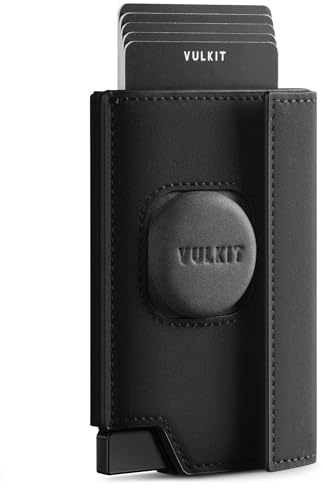 VULKIT Cartera Hombre con Funda Airtag 360°, Bloqueo RFID, Ventana ID + Compartimento Monedas, Dispensador Pop-Up Tarjetas, Cierre Magnético (Incluye Caja Regalo) - Negro