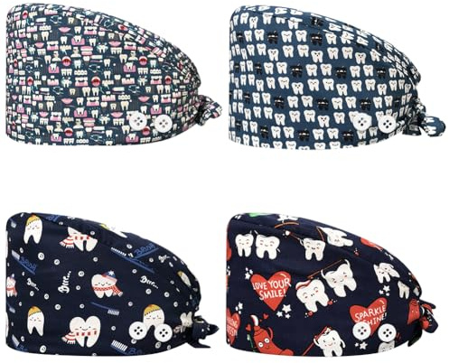 4 piezas de gorras dentales para mujeres y hombres, gorras ajustables para dentistas, gorras elásticas para enfermeras, gorras de trabajo con botón y banda para el sudor, 2-8