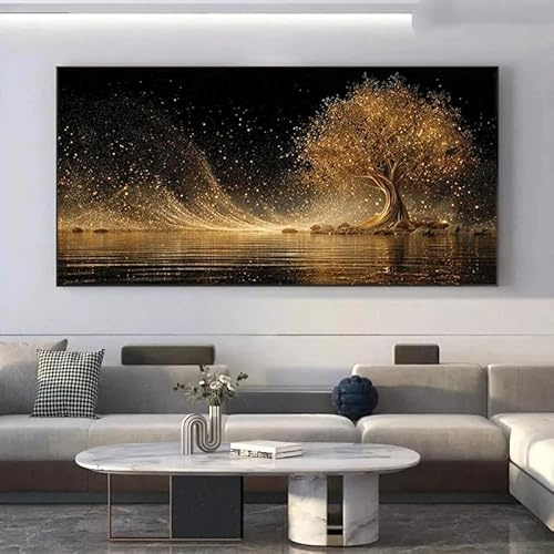 LTjiajuypd Stampa artistica su tela, moderna, astratta, albero della vita, lusso, dorato, luminoso, glitter nero e oro, decorazione per soggiorno (80 x 160 cm)