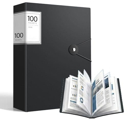 Porte-vues A4 à 100 pochettes, chemise de présentation avec pochettes en plastique anti-reflets, couverture épaisse, dossier de documents lisse pour l'école, le bureau, les entretiens