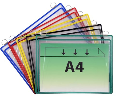 TARIFOLD Es 340009- Pack de 5 fundas Bolsas para colgar A4 horizontal con fuelle (gran capacidad: documentos, manuales, herramientas) 2 anillas metálicas - PVC - marco colores surtidos