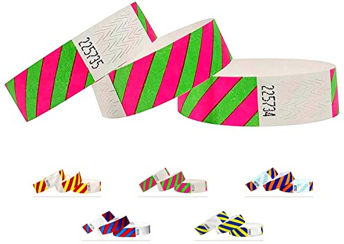 Tyvek Pulseras - A rayas - 500 unidades - Tyvek pulseras para eventos (Verde-Rosa, 500 Pack)