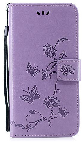 Samsung Galaxy J6 Plus Case 2018, PU Leather Flip Wallet Phone Case Embossed Lotus Butterfly with Stand Card Holder ID Slot Bumper Protective Skin Cover for Samsung Galaxy J6 Plus Light Purple