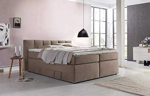 Möbelfreude Doluna Beatrice Boxspringbett 200 x 200 cm Beige H2 | 7-Zonen-Taschenfederkern Matratze + Visco-Topper | 90 cm Kopfteil ideal für Dachschrägen + Bettkasten für Stauraum