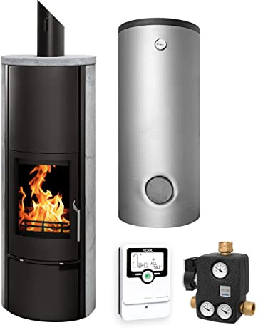Schmitzker KS3039 Vitoria Speckstein Wasserführender Kaminofen - Komplett-Set mit Pufferspeicher 500L, inkl. Isolierung