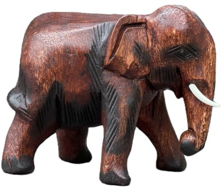 Land of Simple Treasures Hand Carved Wooden Elephant Statue - Wood Elephant Carving from Thailand - Feng Shui Elephant Figure - Brown, 5 Inches Long