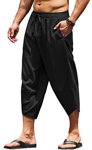 COOFANDY Men's Linen Harem Capri Pants Lightweight Loose 3/4 Shorts Drawstring Elastic Waist Casual Hippie Beach Yoga Trousers Black