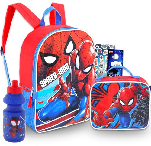 Marvel Spiderman Backpack with Lunch Box Set - 5 Pc Bundle of 15 School Bag for Kids, Lunch Bag, Stickers, More Spiderman School Supplies