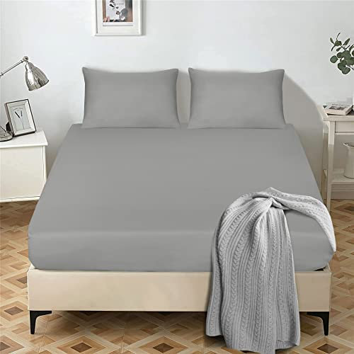 My home store Double Fitted Sheet 25 cm Deep Brushed Microfiber Ultra Soft No-Iron Wrinkle-Resistant Plain Dyed Fitted Bed Sheets Hypoallergenic Breathable Sheets (Grey)