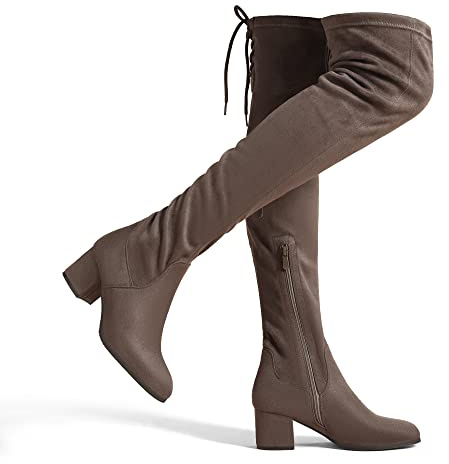 DREAM PAIRS Botas de Caña Extra Larga de Gamuza Botas Sexy Arriba de la Rodilla con Cordones Mujer Cálidas Mosqueteras con Tacón Ancho de 5cm KAKI/ANTE LAURENCE-E Talla 37 (EUR)
