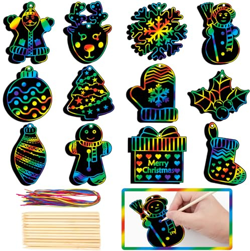 48 Pieces Christmas Scratch Art for Kids, DIY Rainbow Magic Scratch Paper, Santa Claus, Snowman, christmas tree, Shristmas Stocking House Arts and Crafts Ornaments for Party Favor Holiday Decor