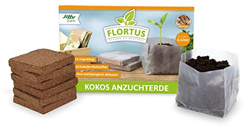 FLORTUS Kokos Anzuchterde | 60 g, ergibt 1 l | Kokosfasererde gepresst & ungedüngt | Torffrei Kokoserde für Pflanzen | Für Zimmerpflanzen, Gemüse, Obst, Kräuter und Blumen (6 Stücke)