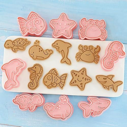 RUIYWEN Set di 8 Formine Biscotti Animali Marini 3D Stampini in Plastica Tagliabiscotti per Biscotti Torte Fondant Cioccolato per Bambini