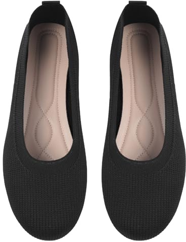 OFFCUP Women's Wide Width Flats Shoes, Knitted Ballet Shoes, Black Casual Soft Breathable Round Ballet Flat, Suitable for Shopping, Parties,Work and Other Occasions, Black 6UK