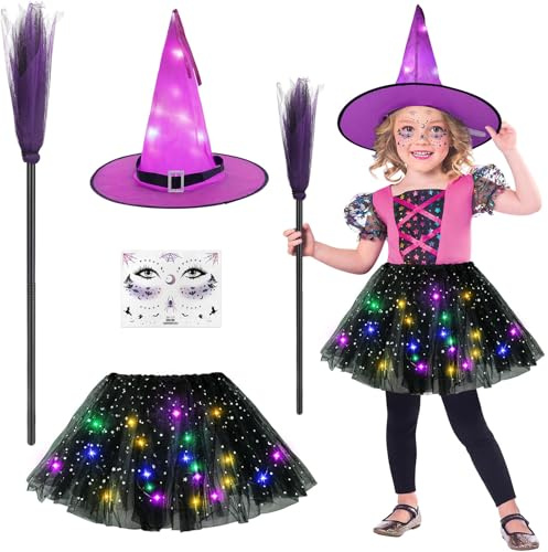 Aitsite Halloween häxkostym barn, lysande barn häxdräkt, LED tyllkjol häxa kostym flicka, tutu kjol med häxa hatt, häxkjol för halloween och karnevalsfester