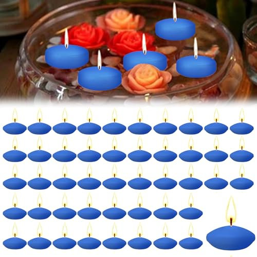 Hengrongshen 50 Pezzi Candele Galleggianti Blu, 3,5 CM Candela Galleggiante Senza Profumo, Fumo & Goccia, Candele Galleggianti Piscina per San Valentino, Matrimonio, Vacanze, Feste (Blu)