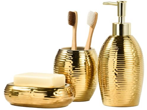 Lot de 3 distributeurs de savon doré en céramique - Pour salle de bain - Porte-savon et gobelet de luxe (rayures)
