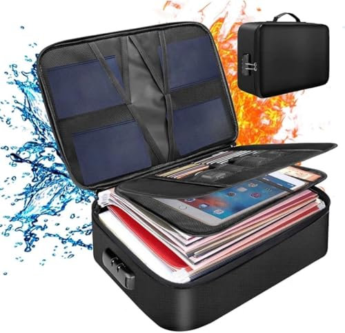 aichilra Caja Fuerte Ignífuga con Cerradura, 5200℉ Caja organizadora de carpetas A4, bolsa segura impermeable, maletín portátil para documentos importantes, archivos, pasaporte, tarjetas