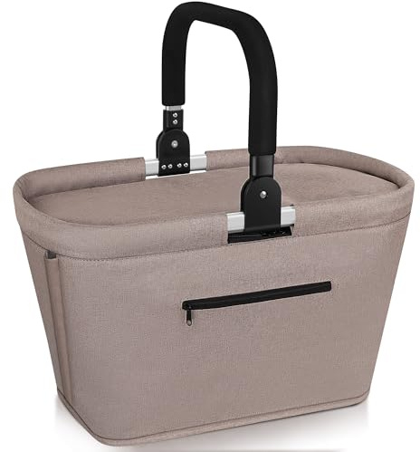 Anhow 35 l kylväska shoppingkorg vikbar med 2 stödstänger, stor isolerad kylkorg med aluminiumhandtag vattenavvisande praktisk bärkorg för resor, picknick, shopping, present – Kaki