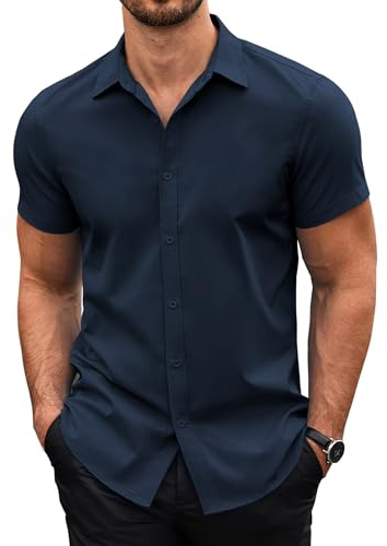COOFANDY Mens Shirts Short Sleeve Casual Dress Shirts Wrinkle Free Formal Regular Fit Business Shirt Work Office Summer Shirt Navy Blue XL
